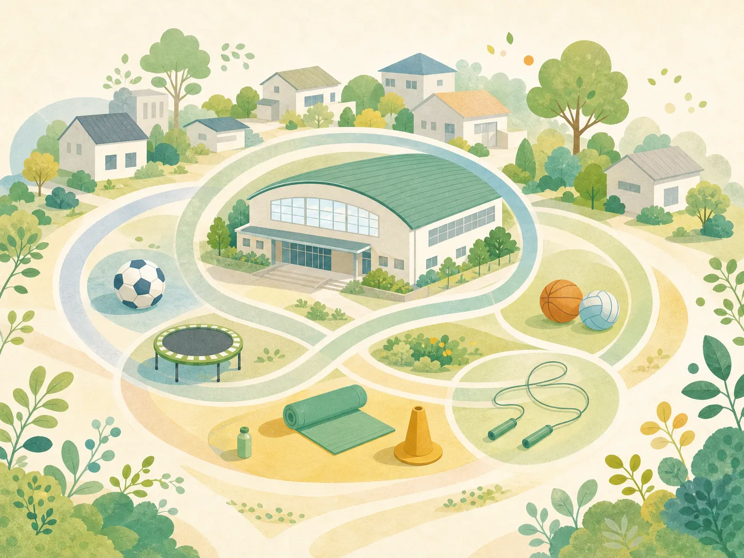 地域の町並みと体育館をスポーツの輪がつなぐ人物のいないイラスト